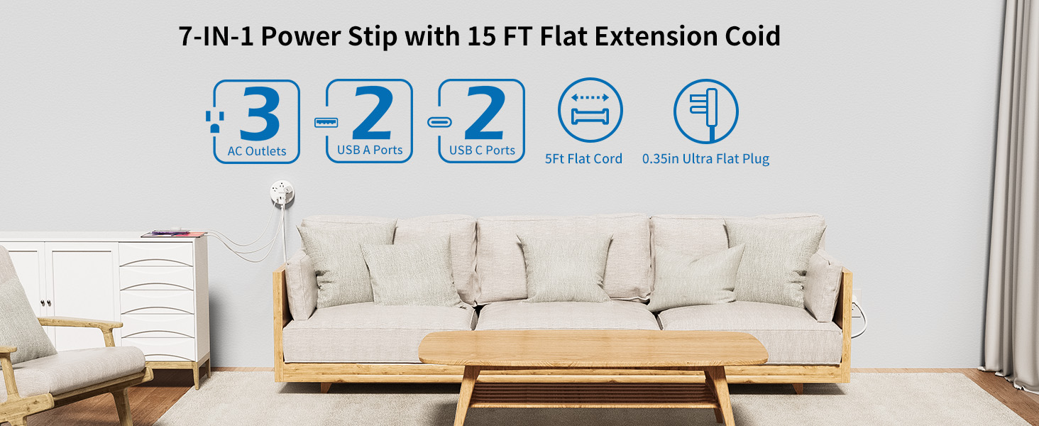 flat extension cord 15 ft multiple outlets usb ports extender power strip flat plug c under carpet