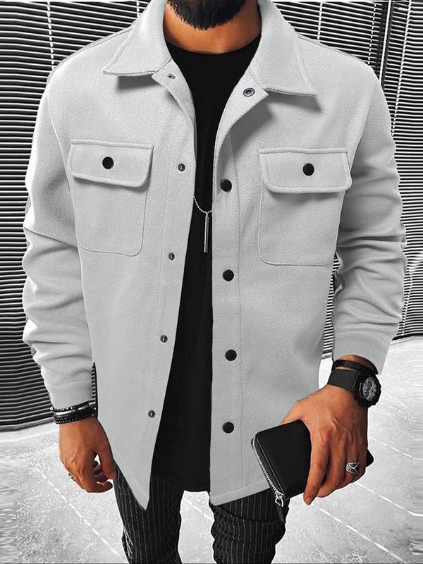 Men's Plain Long Sleeve Jacket,&nbsp;Regular Fit Casual Classic Button Front Flap Pocket Collared Outerwear for Fall & Winter, Going Out Outfit