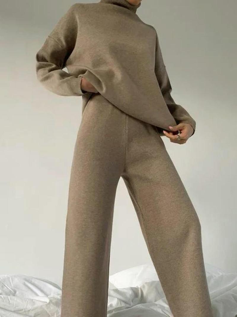 Women's Solid Turtleneck Tops & Wide Leg Pants Set, Casual Fashionable Cozy Long Sleeve Top & Trousers for Daily Casual Occasion Wear, Fall Clothes, 2 Piece Set, Women's Clothing for Fall, Downtown Girl Clothes