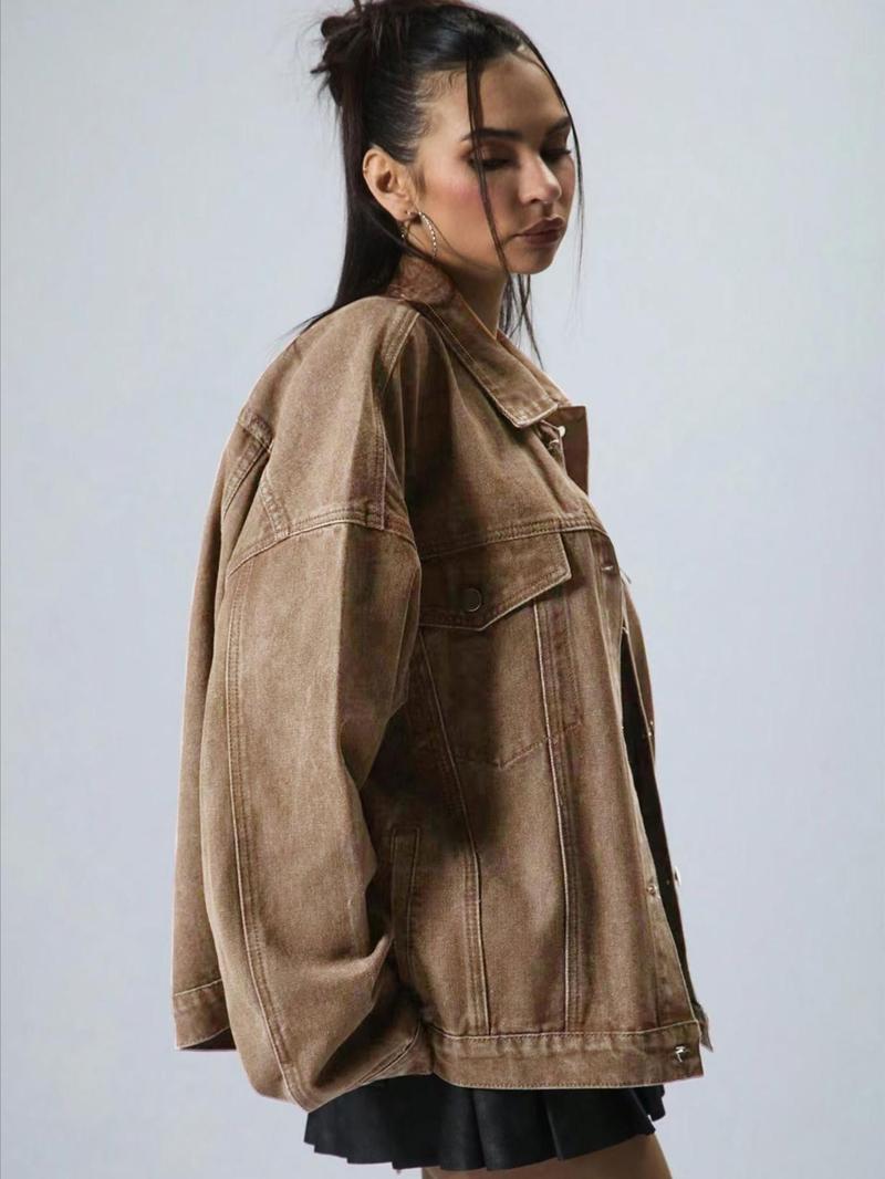 Women's Plain Button Front Drop Shoulder Denim Coat, Casual Long Sleeve Collared Pocket Outerwear for Daily Wear, Ladies Clothes for All Seasons, Clothing for Women