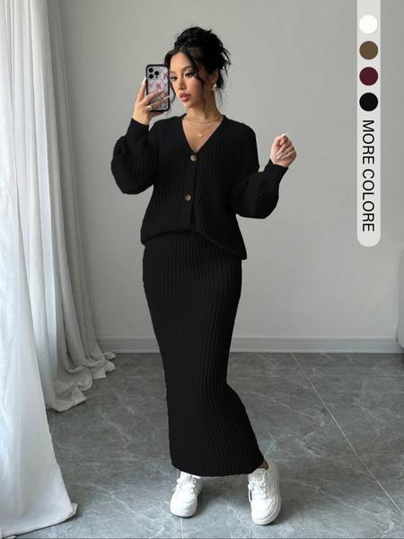 Women's Solid Button Front Sweater & Long Skirt Two-piece Set, Casual Drop Shoulder Long Sleeve Knit Top & High Waist Skirt for Daily Outdoor Wear, Women's Knitwear for Fall & Winter