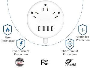 Flat Plug Extension Cord Power Strip with USB Ports Mounted Extension Cord with Multiple outlets