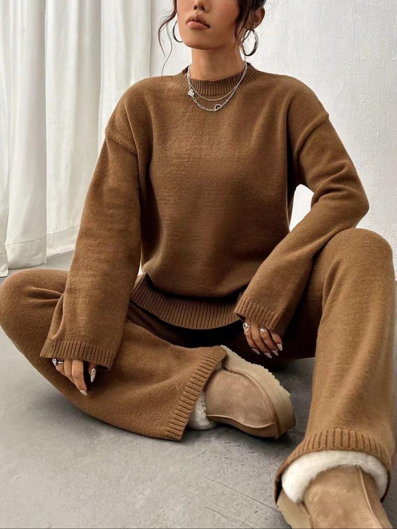 Women's Solid Drop Shoulder Split Hem Sweater & Elastic Waist Straight Leg Pants Two-piece Set, Casual Fashion Cozy Knitwear Set for Daily Outdoor Wear, Women Knitwear for Fall & Winter, Womenswear