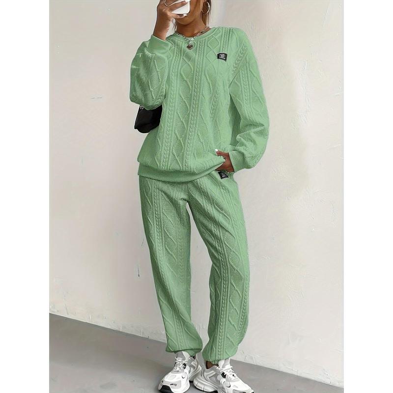 2026Women's Cozy Textured Pants Set - Soft Long Sleeve Crew Neck Sweatshirt, Comfortable Jogger Sweatpants Outfit, Casual Wear Daily Life, Suits Chic Womenswear Clothes Polyester2026