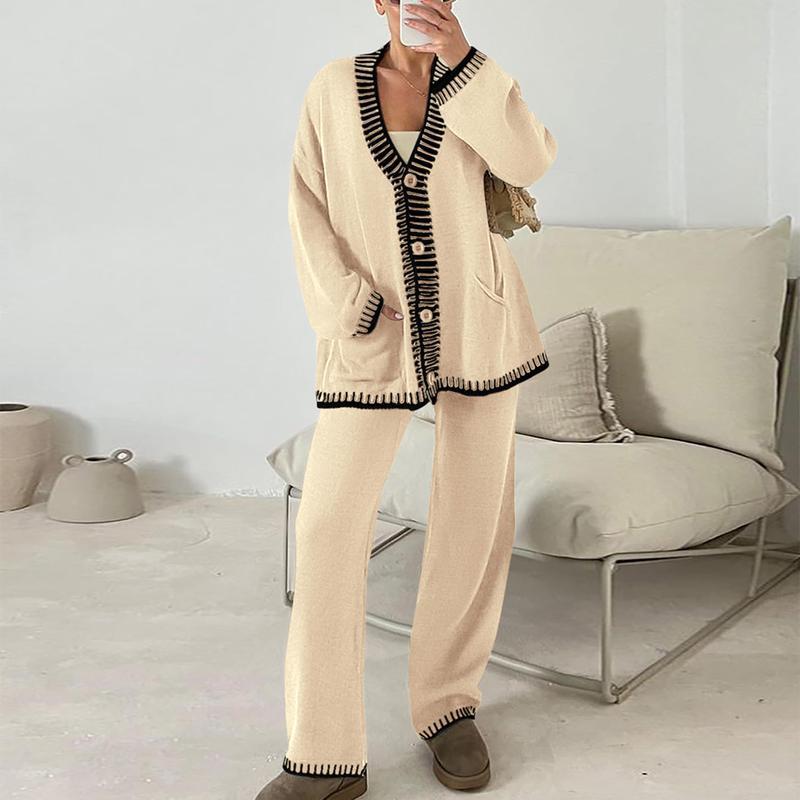 n Women's 2 Piece Set Winter Knit Outfits Matching Loungewear Long Sleeve V Neck Cardigan Sweaters Wide Leg Pants Tracksuits