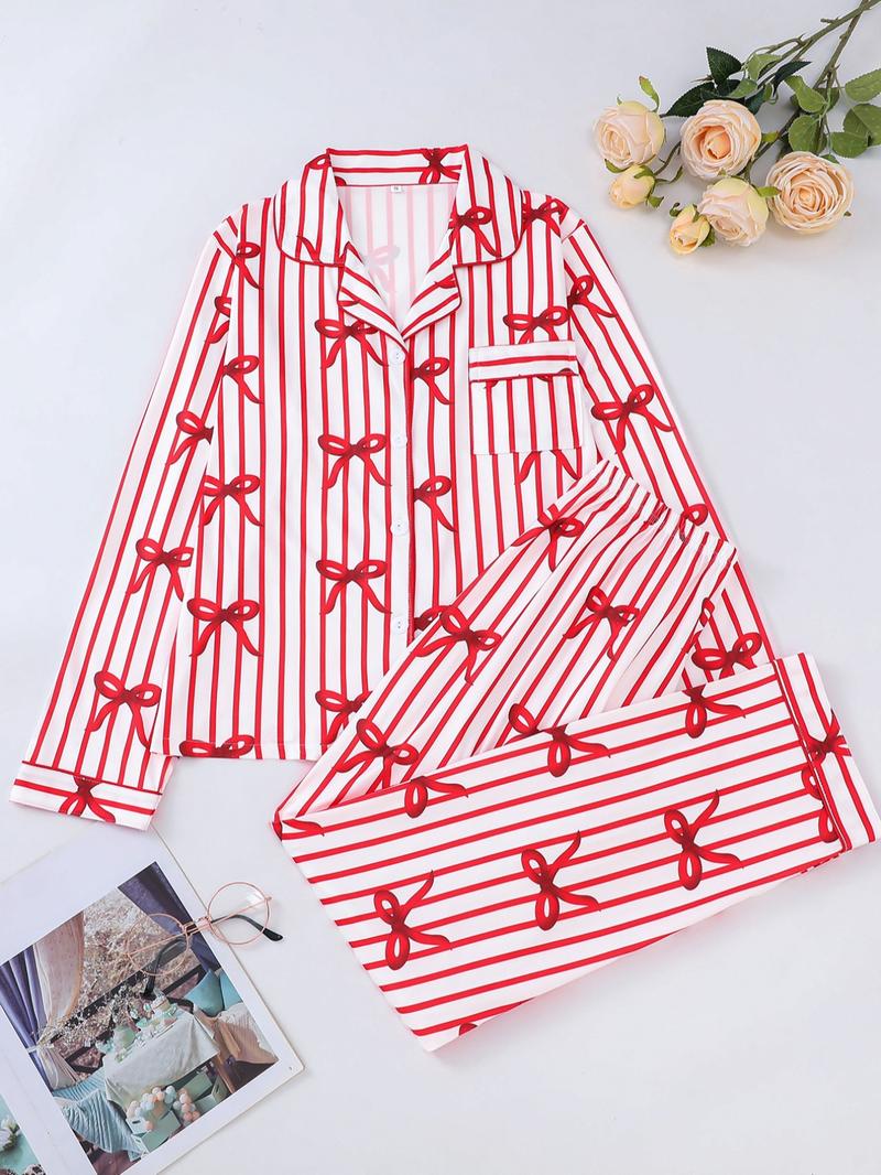 Two-piece Set Women's Bow Print Button Front Pocket Shirt & Elastic Waist Pants Pajama, Casual Comfy Long Sleeve Lapel Neck Top & Trousers Pj Set, Ladies Sleepwear for Spring & Fall