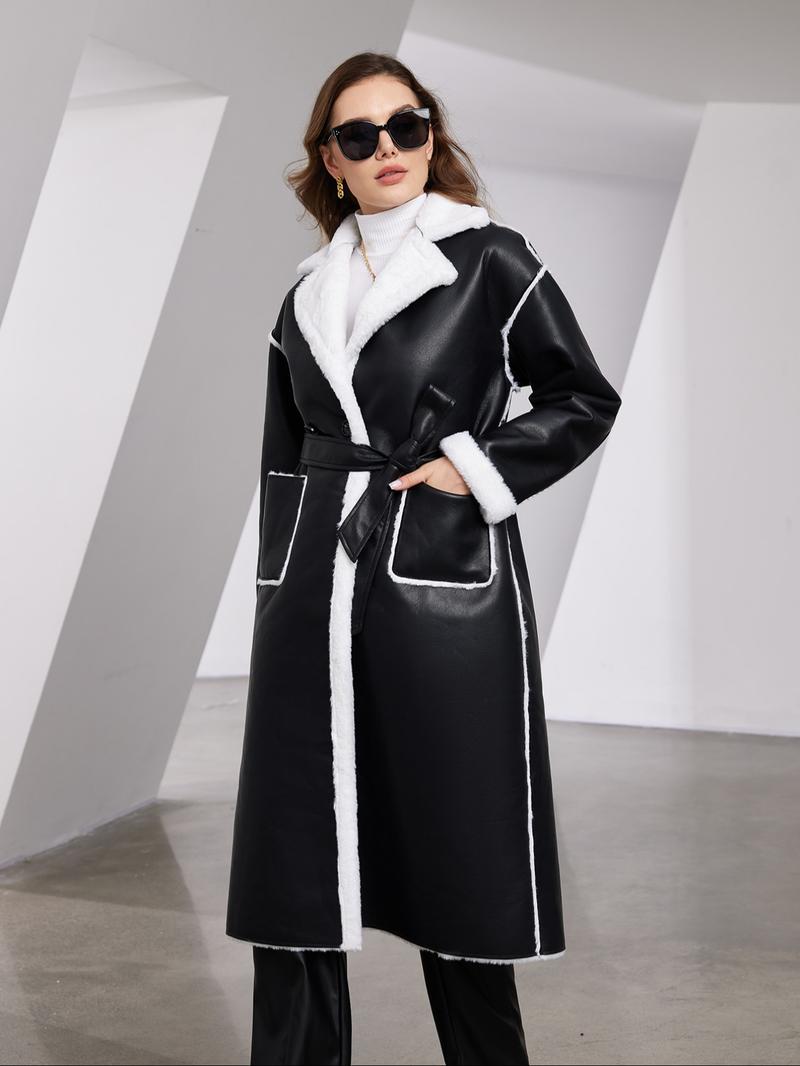 Women's Fall & Winter PU Leather Fur Coat, Thickened Fleece Lined Jacket, Waist Cinching Slimming Warm Outerwear