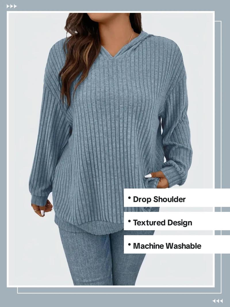 Plus Size Plain Textured Drop Shoulder Hoodie, Lady Casual Comfort Long Sleeve Pullover for Spring & Fall, Country Outfits, Women's Plus Size Clothes for Daily Wear, Going Out Top, Spring Knitted Hoodie