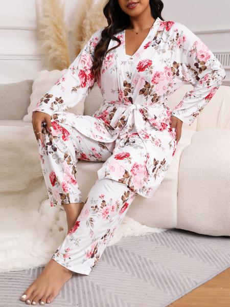 【Plus Size】 Three-Piece Set Floral Print Belted Lounge Robe & Cami Top & Elastic Waist Pants Pyjama Set, Elegant Comfy Drop Shoulder Long Sleeve Robe & Sleeveless Top & Bow Decor Trousers PJ Set, Women's Sleepwear for Spring & Fall, Pajamas
