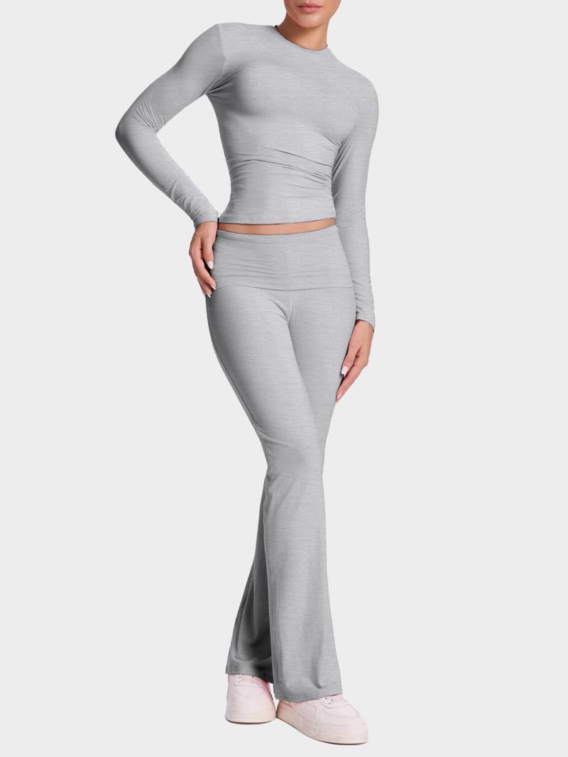 Women's two counts casual slim suit, including waist bell-bottoms and long-sleeved tops, is soft and can be worn outside, and Y2K style is matched with casual fashion.