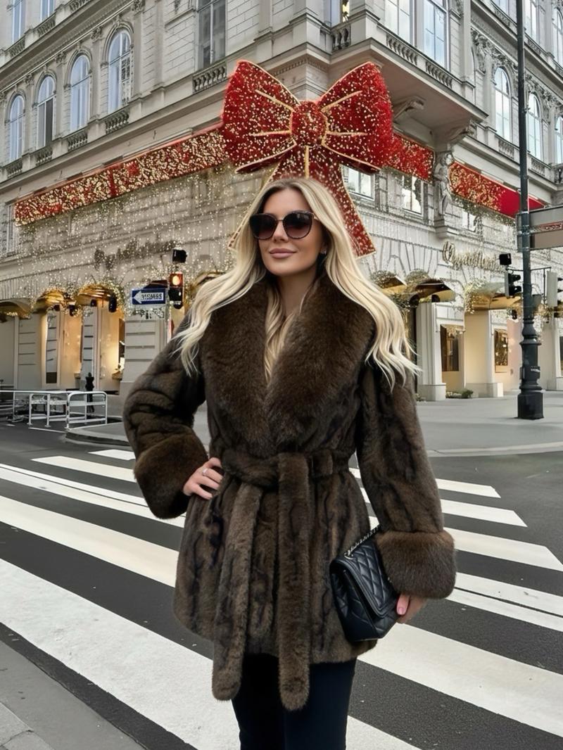 Women's Belted Faux Fur Coat, Winter Fashion Long Sleeve Coat with Pocket, Casual Warm Outerwear, Stylish Daily Wear, Perfect for Cold Weather