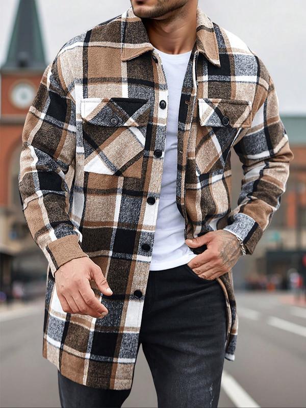 KZZ Men's plaid check long coat, with a buttoned lapel, loose fit, front button pockets, suitable for daily wear in autumn and winter, comfortable and warm, men's trench coat, autumn and winter.