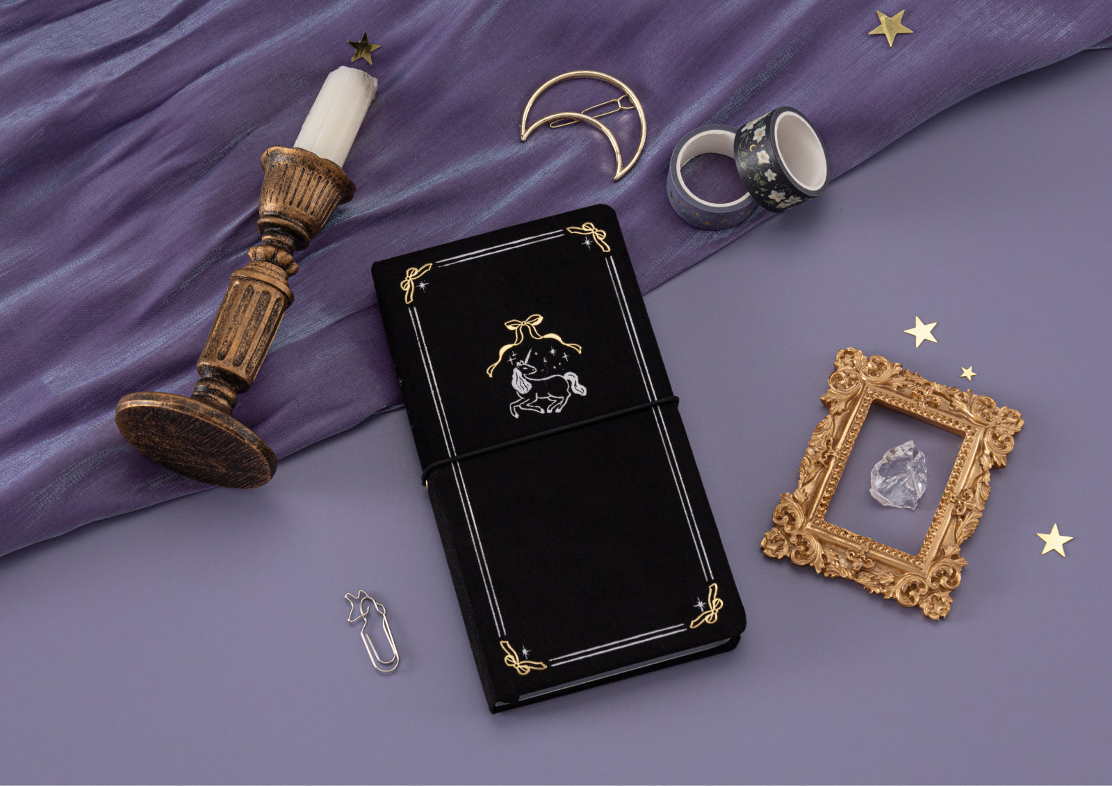 Detail shot of foiled meadow-inspired illustration on the Tsuki Moonflower Magic Moonmist Meadow Travel Notebook cover.