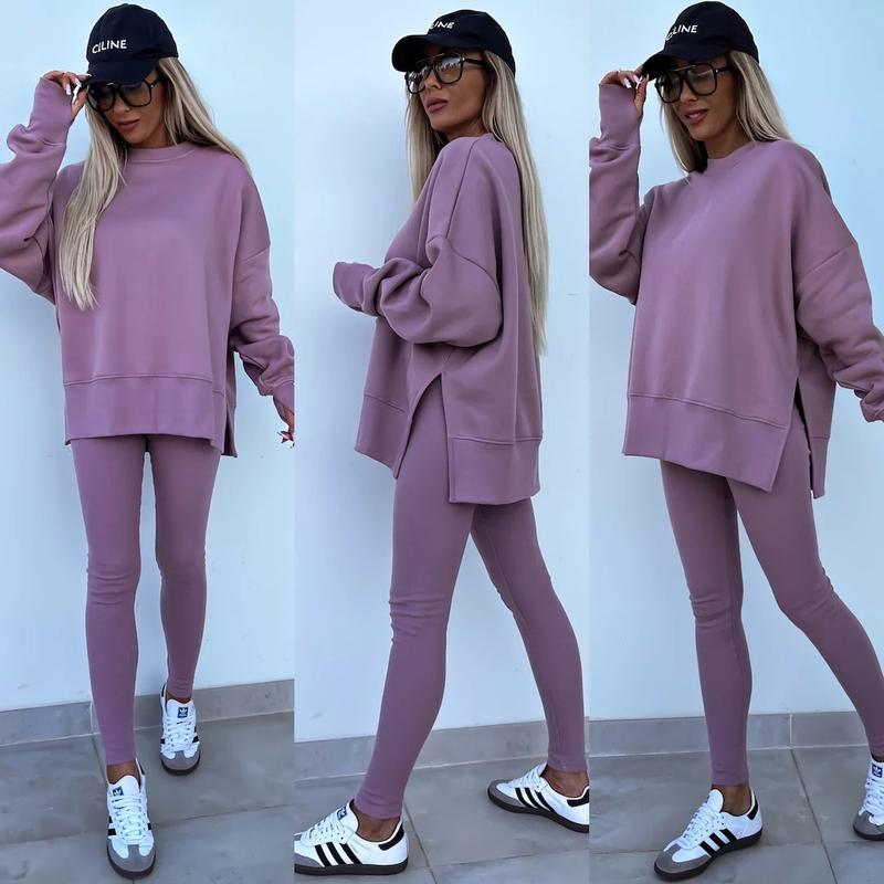 Oversize Two-Piece Set Women's  Split Hem Sweatshirt & Skinny Pants, Casual Fashion Cozy Round Neck Long Sleeve Pullover Women's Clothing for Fall & Basic Winter  Suits Womenswear Gamis