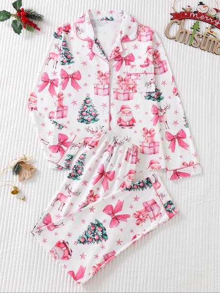Women's Christmas Pajama Set, Santa Claus Print Long Sleeve Sleepwear, Lightweight Button-Up Top & Pants, Casual Fitted Nightgown