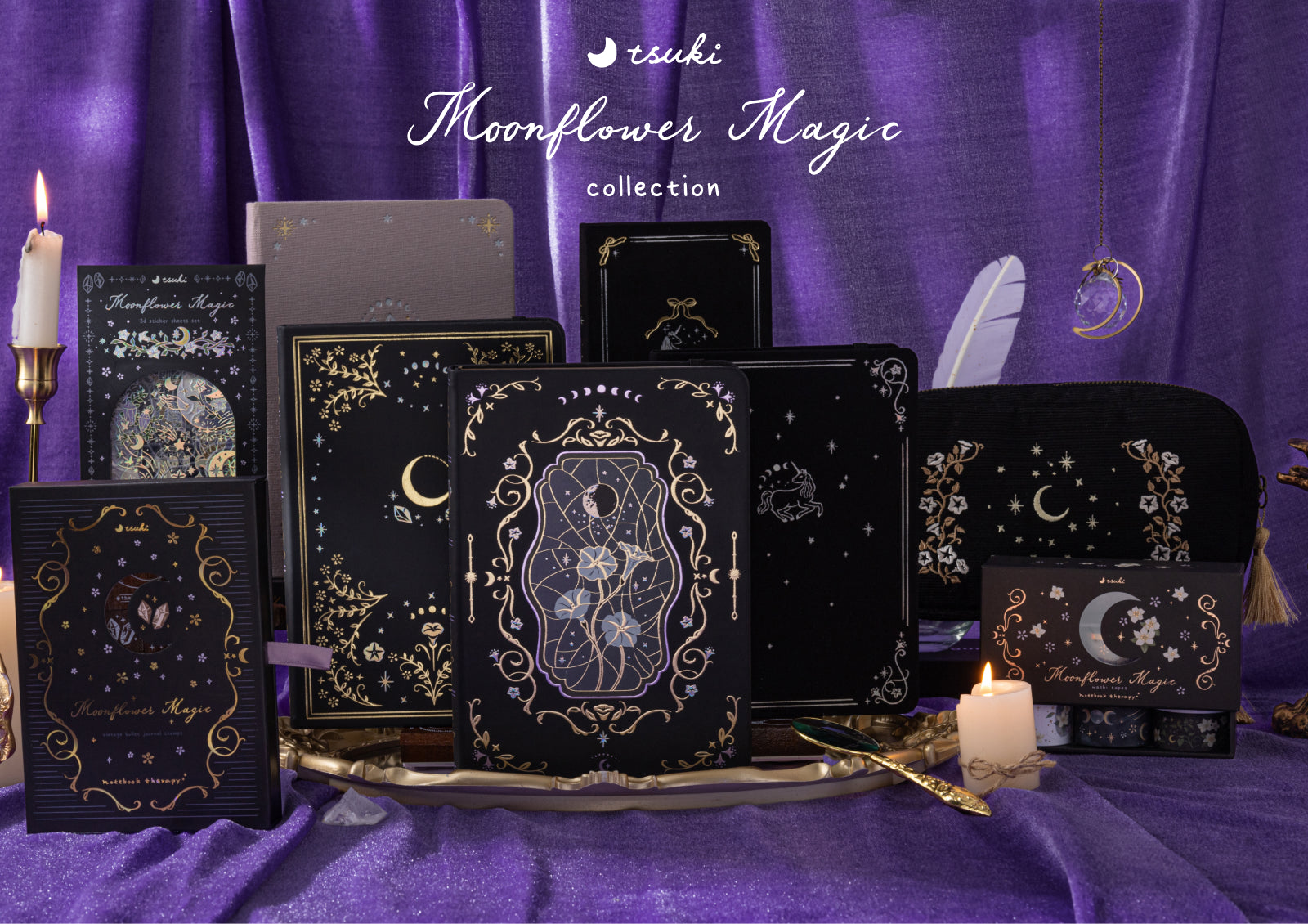 Side view of Tsuki Moonflower Magic Moonmist Meadow Travel Notebook with foiled details and elastic band closure.