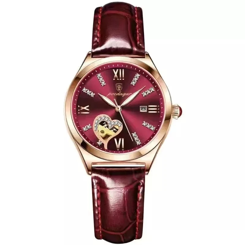 POEDAGAR 2022 Women Watches Fashion Leather Romance Red Dial Luxury Ladies Watch Waterproof Quartz Date Wristwatch