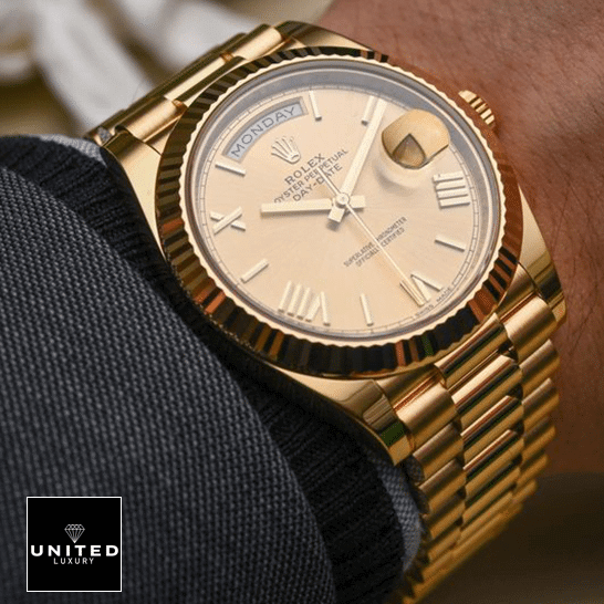 Rolex Day-Date II 228238-0007 Yellow Gold Romen Numerial Dial Replica on is arm