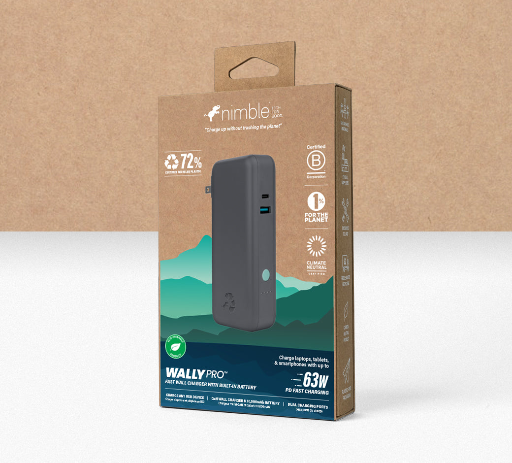 Wall outlet charger with a portable power bank connected to a laptop.