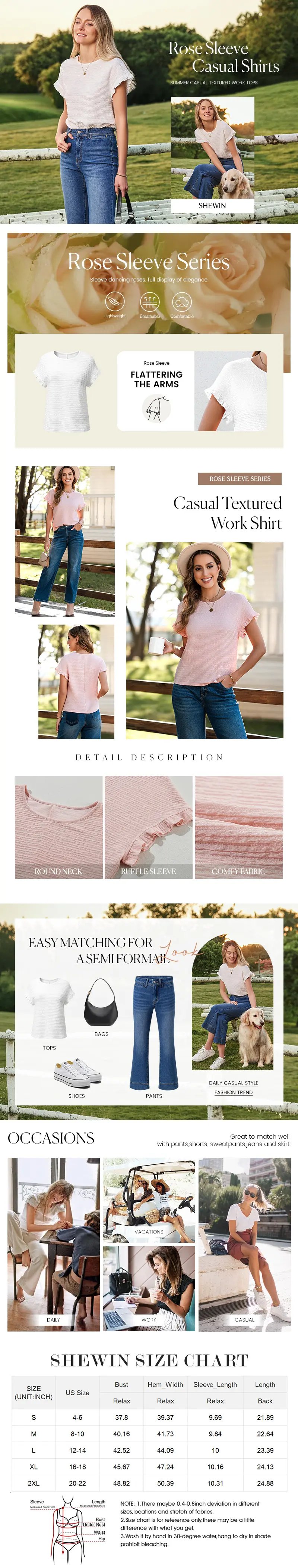 Product Introduction of SHEWIN 2025 Summer Outfit Womens Short Sleeve Tops Round Neck Ruffle Casual Summer Textured Work T Shirts Tee Blouse 1