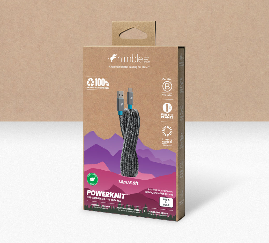 Eco-friendly packaging of a braided USB-C to USB-A cable by Nimble.