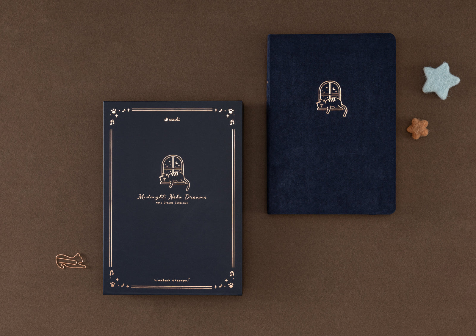 Tsuki Midnight Neko Dreams Kraft Notebook with gift box packaging, featuring gold-foiled cat by the window design.