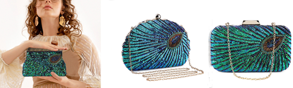 UBORSE Beaded Sequin Peacock Evening Clutch Bags Party Wedding Purse