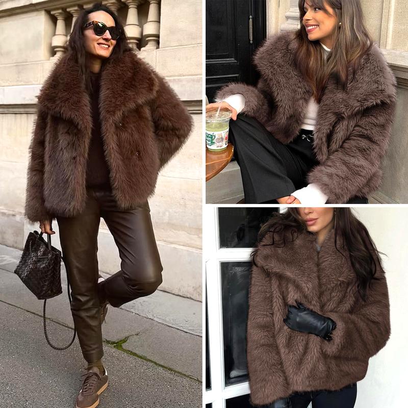 Buenoble Women's Brown Faux Fur Coat Winter Fluffy Short Jacket Warm Fuzzy Oversized Outwear Top Shaggy Collar Full Lining Short Jacket with Side Pockets
