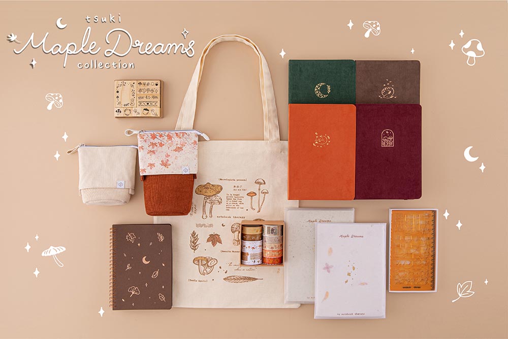 Tsuki Maple Dreams Collection including Tsuki ‘Kitsune’ Limited Edition Fox Bullet Journal and  Tsuki ‘Nara’ Limited Edition Bullet Journal and Tsuki ‘Kinoko’ Limited Edition Bullet Journal and Tsuki ‘Midnight Garden’ Limited Edition Bullet Journal with Tsuki ‘Maple Dreams’ Washi Tapes Set and Tsuki ‘Maple Dreams’ Bullet Journal Stamp Set and Tsuki ‘Vintage Kinoko’ Tote Bag and Tsuki Bullet Journal Stencil Set in Neutral and Tsuki ‘Maple Dreams’ Kraft Paper Limited Edition Bullet Journals and Tsuki ‘Maple Dreams’ Ringbound Bullet Journal and Tsuki ‘Maple Dreams’ Pop Up Pencil Cases in maple and stone and Tsuki Mixed Scrapbook Paper Pack and Tsuki Handmade Petal Paper Pack on cream background