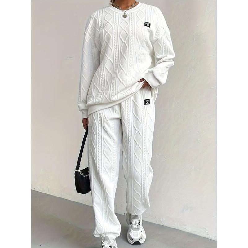2026Women's Cozy Textured Pants Set - Soft Long Sleeve Crew Neck Sweatshirt, Comfortable Jogger Sweatpants Outfit, Casual Wear Daily Life, Suits Chic Womenswear Clothes Polyester2026