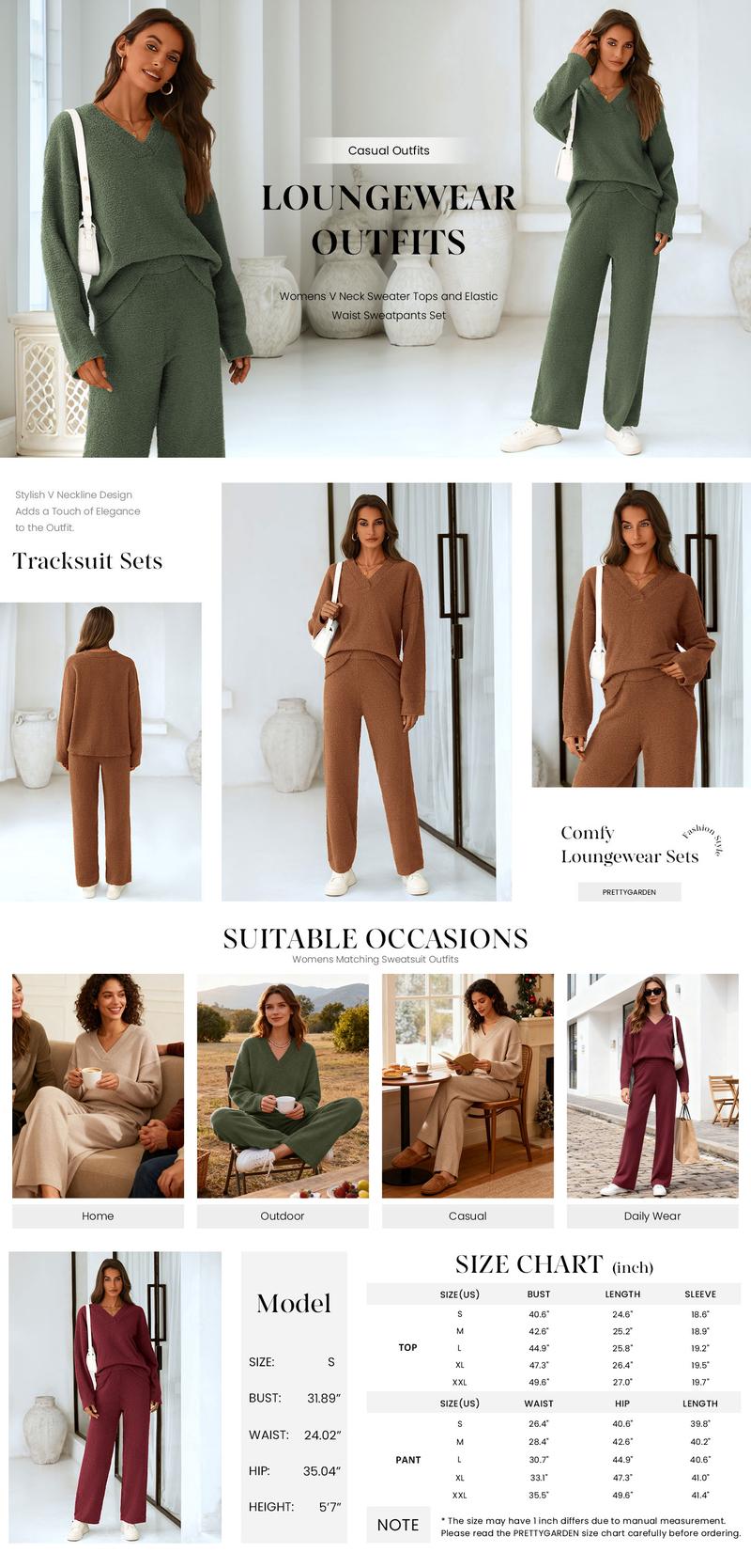 PRETTYGARDEN Women's 2-Piece Lounge Set Soft Chunky V Neck Tops & Wide Leg Long Pants Basic Tracksuit Loungewear Minimalist Homewear Pajama