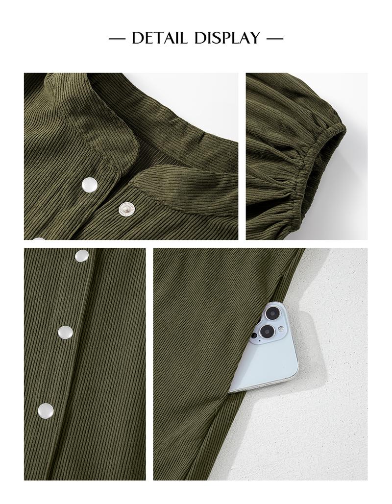 Asvivid Womens Fall Fashion Corduroy Snap Buttons Empire Waist Bracelet Sleeve Plain Dress with Puff Sleeves Casual Dresses Autumn Clothes