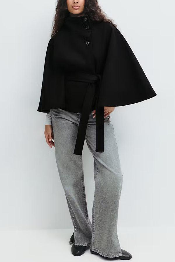 Women's Plain Front Buckle Belted Woolen Cape Coat, Casual Fall & Winter Outerwear, Stylish Daily Wear for Dating