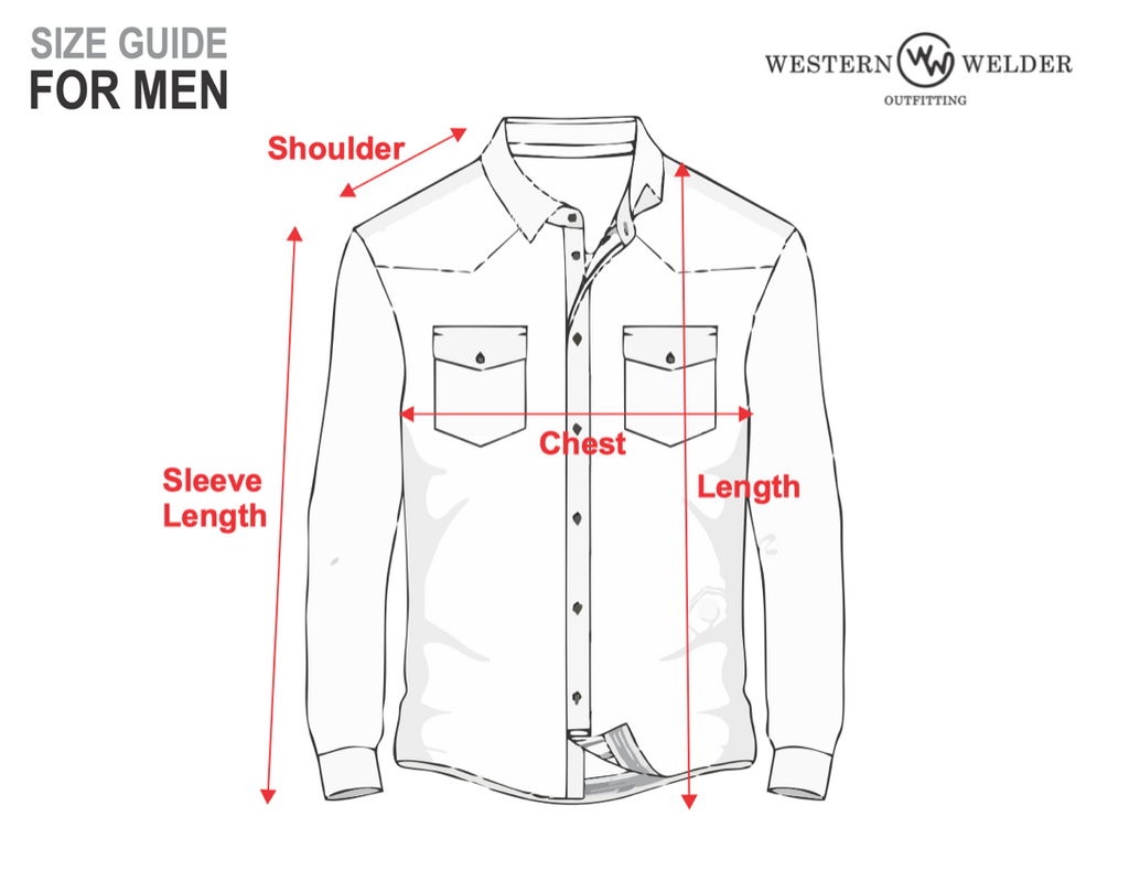 Diagram of welding shirt: sleeve length measured from wrist to shoulder, shoulder length measured from base of neck to shoulder, chest measured from armpit to armpit, length measured from base of neck to hem