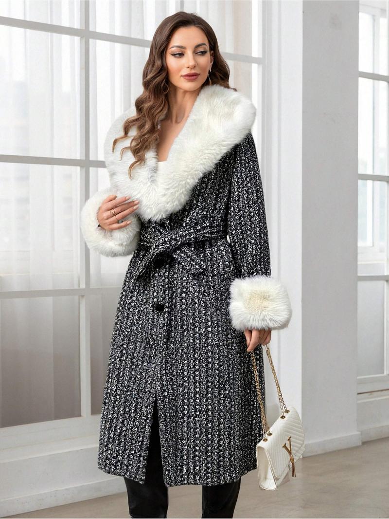 Women's Fall Winter Mid-Length Plain Woolen Coat, Warm Fitted Jacket with Fur Collar, Waist Belt & Pockets, Casual Style