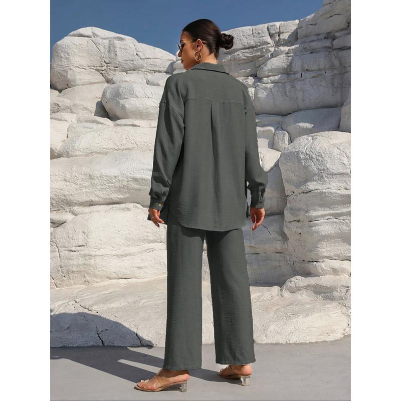 Women's Solid Button Front Shirt & Tie Front Wide Leg Pants Two-piece Set, Casual Drop Shoulder Long Sleeve Blouse Top & Trousers 2 Piece Set for Spring & Fall, Women's Clothes for Daily Wear Womenswear Suits Apricot Basic Minimalist