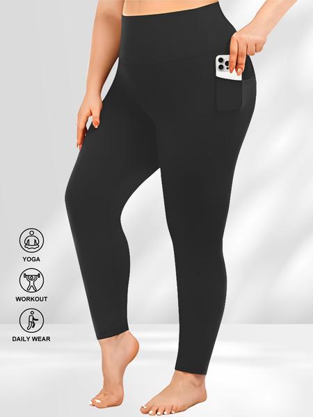 Plus Size Solid High Waist Leggings with Pocket, Summer Outfits, Casual High Stretch Skinny Pants for Women, Soft Comfortable Women's Bottoms for All Seasons