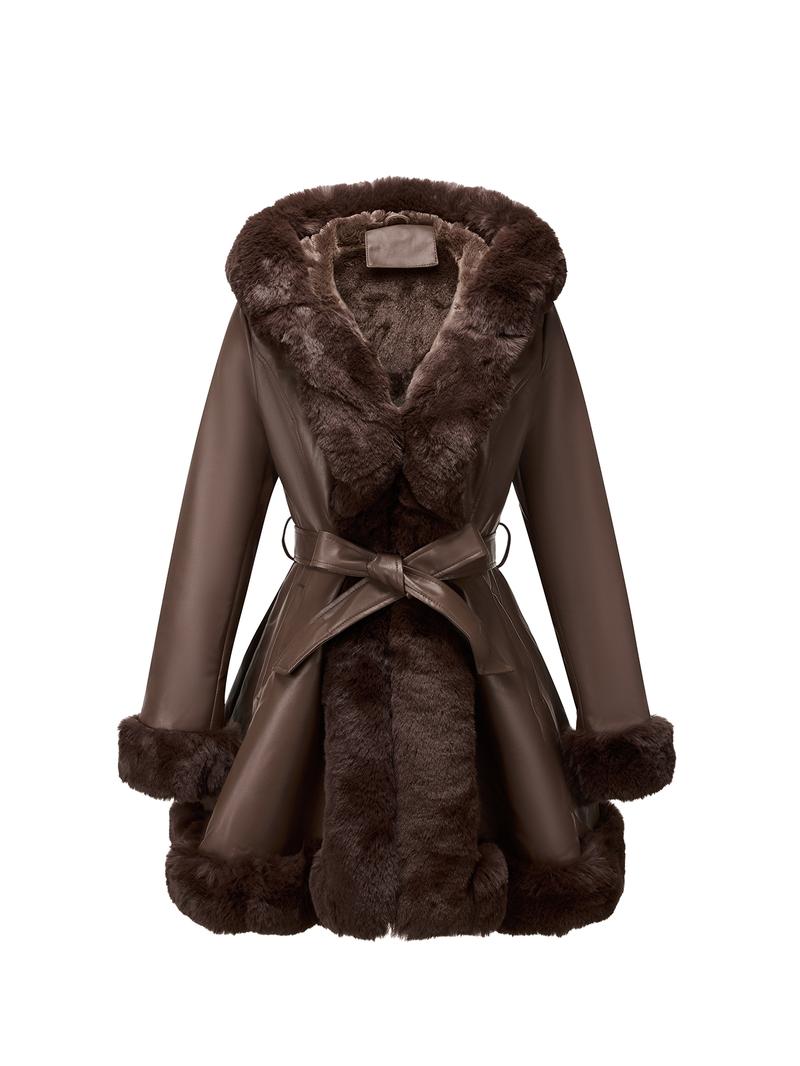 Women's Fall Winter Faux Leather Jacket with Detachable Belt, Long Sleeve Fitted Coat with Hood, Casual Warm Daily Wear