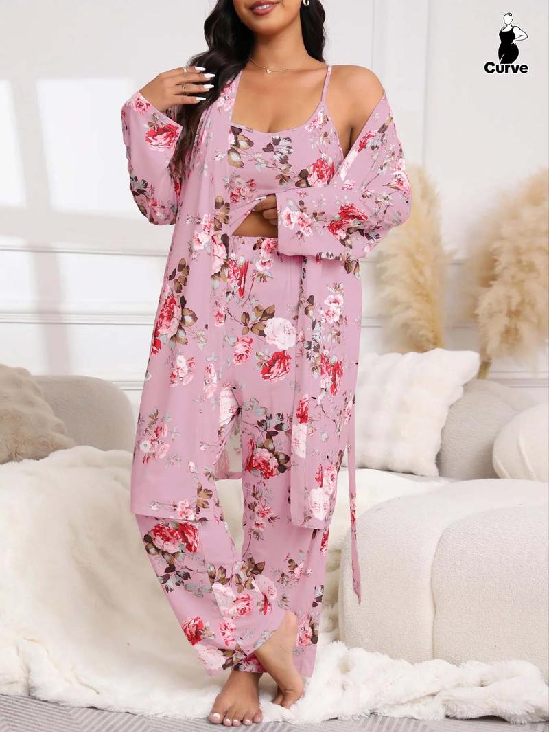 [Plus Size] Three-Piece Set Floral Print Belted Lounge Robe & Cami Top & Elastic Waist Pants Pyjama Set, Elegant Comfy Drop Shoulder Long Sleeve Robe & Sleeveless Top & Bow Decor Trousers PJ Set, Women's Sleepwear for Spring & Fall