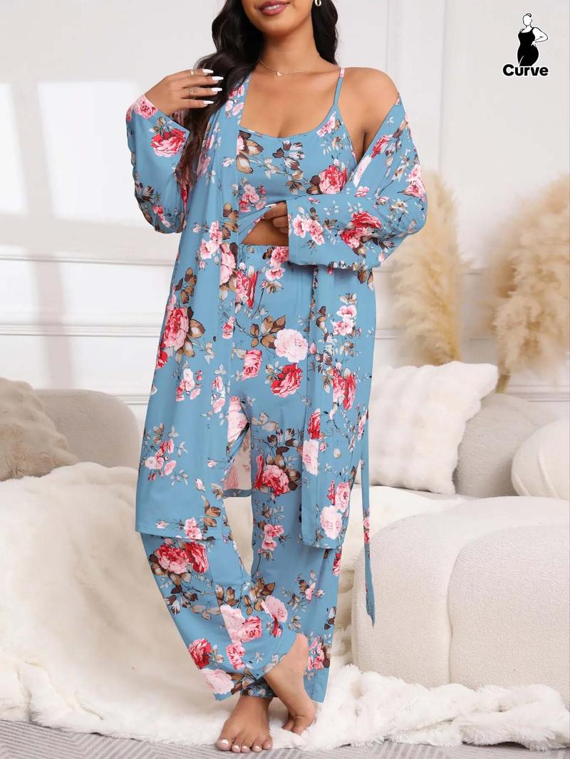 [Plus Size] Three-Piece Set Floral Print Belted Lounge Robe & Cami Top & Elastic Waist Pants Pyjama Set, Elegant Comfy Drop Shoulder Long Sleeve Robe & Sleeveless Top & Bow Decor Trousers PJ Set, Women's Sleepwear for Spring & Fall