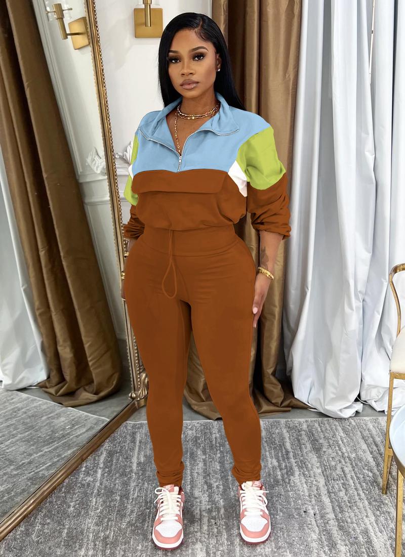 USBoutique Chic Women's Two Piece Outfits Knit Zip Top Jacket & Elastic Waistband Pant Tracksuit Sets 2-piece Pink Blue Colorblock