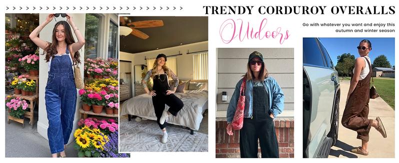 Yeokou Corduroy Overalls for Women Barrel Wide Leg Bib Corduroy Pants Women Adjustable Romper Jumpsuit with Pockets