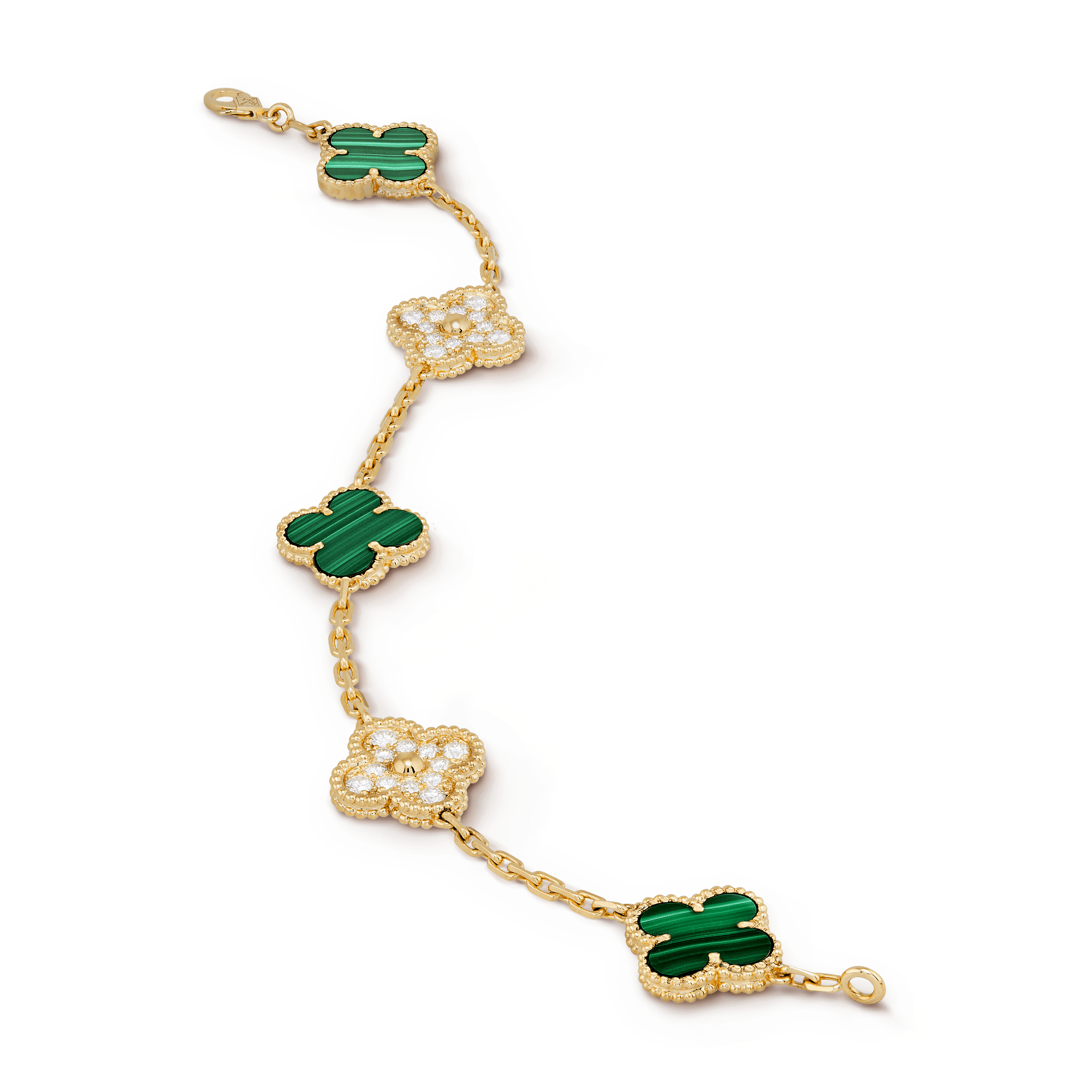 ヴィンテージ アルハンブラ ブレスレット、5モチーフ, イエローゴールド, ダイヤモンド:24 石,0.97 カラット, マラカイト:3 石, Close Up, Jewelry Bracelet