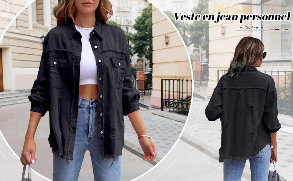 Black denim jacket shown from front and back views. Features button closure and chest pockets. Paired with jeans and white top.
