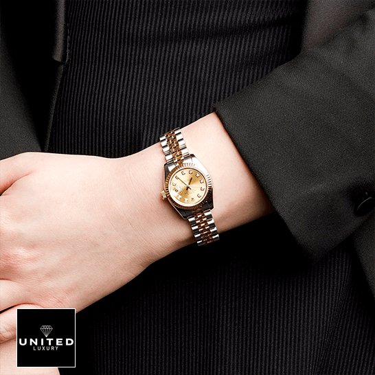 Rolex Datejust Yellow Gold Steel Diamond 179173 Replica on the man in the suit