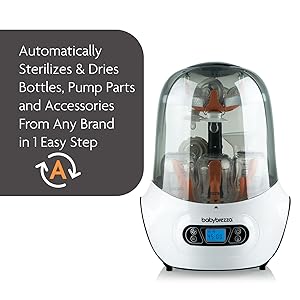 Baby Brezza Sterilizer and Dryer automatically sterilizes and dries baby bottles