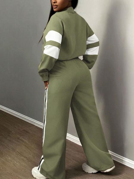 Women's Zipper Jacket & Striped Wide-Leg Pants Set, Streetwear & Casual, Two-Piece Suit for Daily Wear