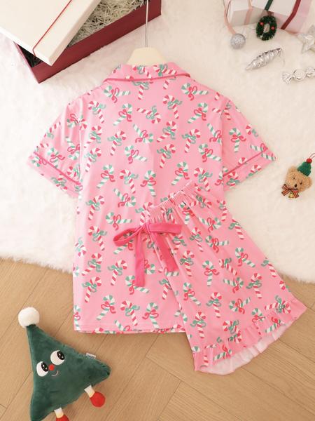 2 pieces of ladies' Christmas cane candy printed short sleeved shorts sleepwear set with buttons, collars, bows, suitable for comfortable and casual home wear in all seasons