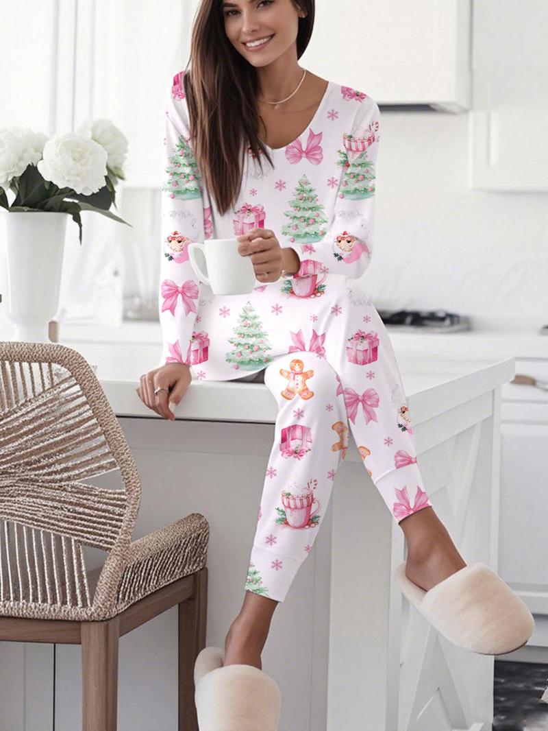 Women's Christmas Print Casual Set, Long Sleeve V Neck Top & Belted Pants, Ladies Homewear & Pajamas, Spring & Fall Fashion