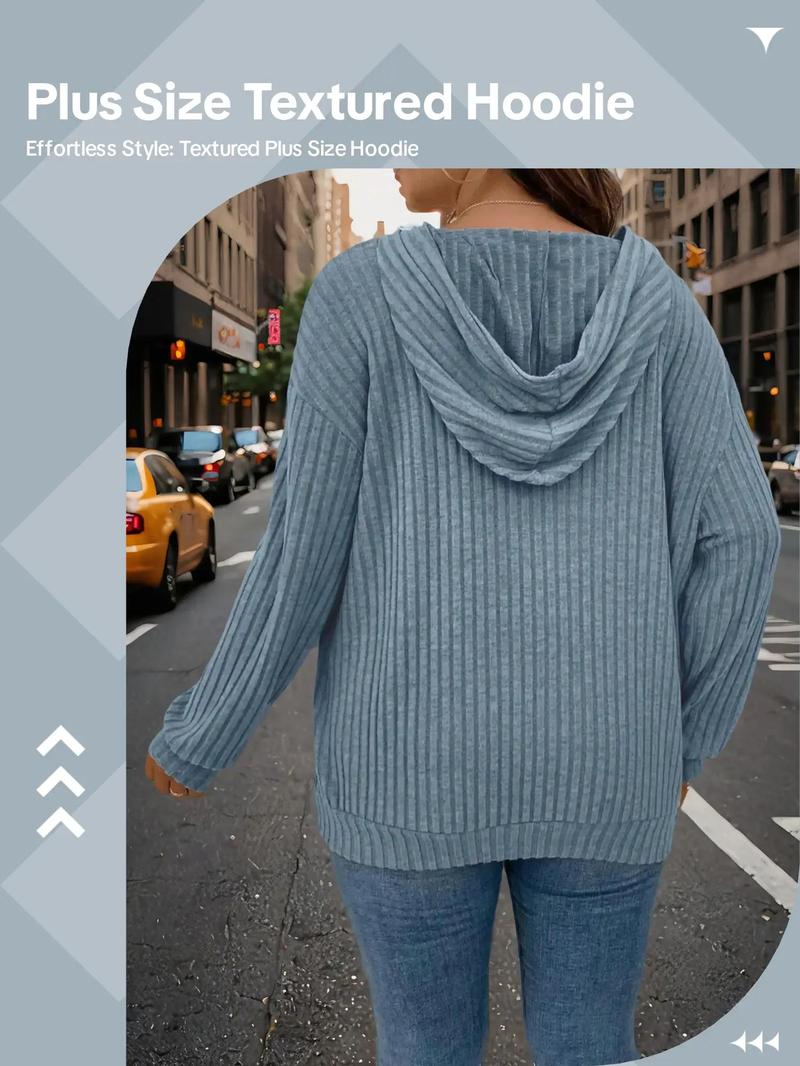 Plus Size Plain Textured Drop Shoulder Hoodie, Lady Casual Comfort Long Sleeve Pullover for Spring & Fall, Country Outfits, Women's Plus Size Clothes for Daily Wear, Going Out Top, Spring Knitted Hoodie
